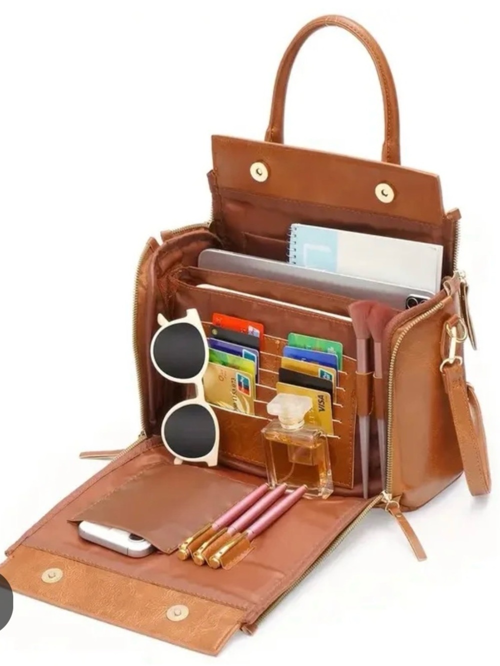 Tan Leather Organizer Satchel with Top Handle, Crossbody New
